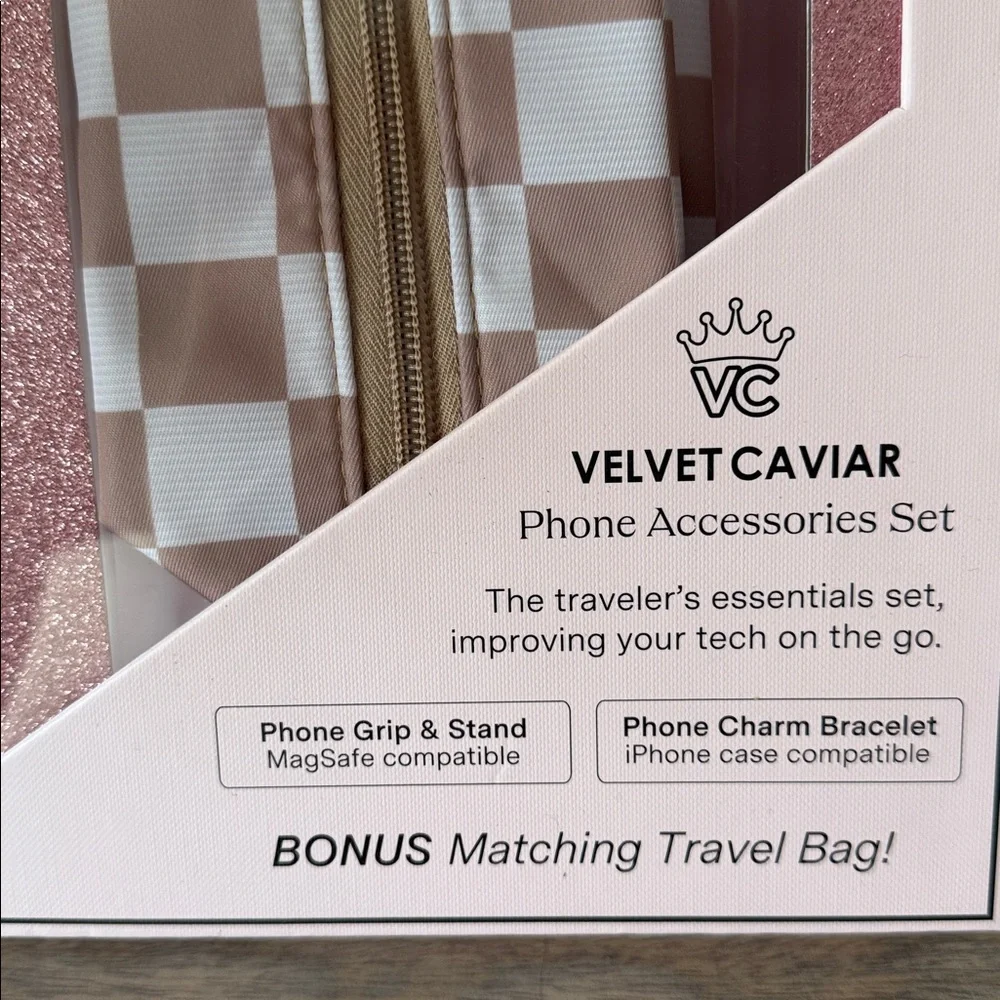 Velvet Caviar Checkered Phone Accessories Set in Cream and White